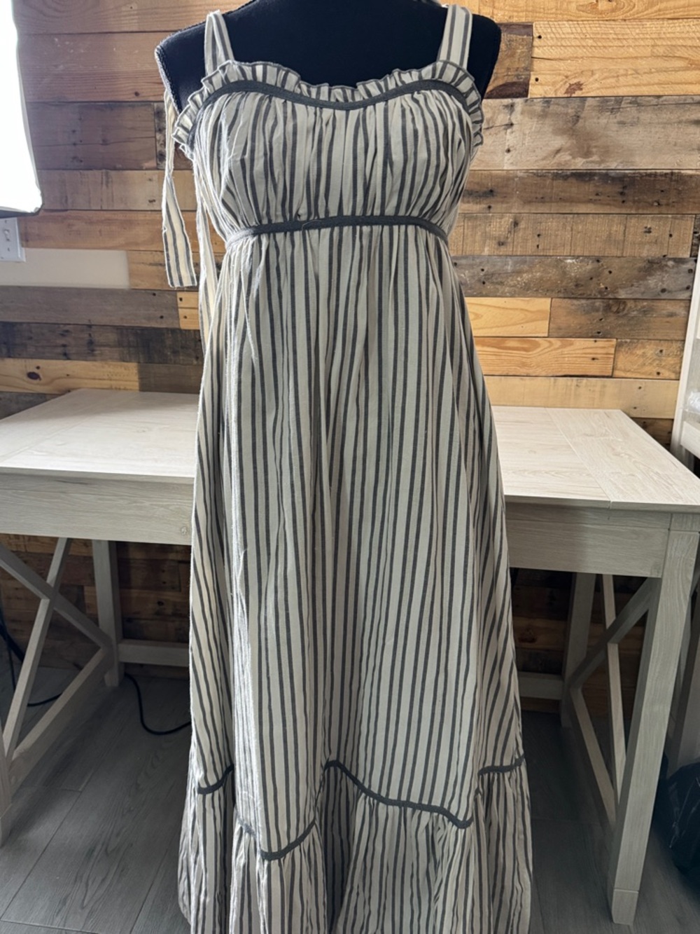 Listicle Cream Maxi Dress with Black Stripes and Ruffle Detail - Picture 2 of 5